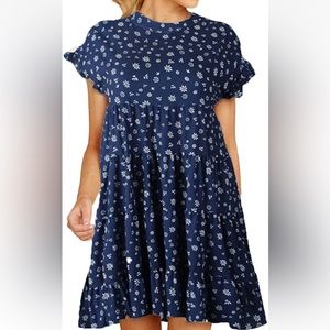 Women’s O Neck Ruffled Short Sleeve Tiered Casual Mini Dress